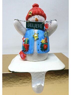Snowman Stocking Holder Believe Holiday Figurine Red Hat & Blue Vest Glitter GS8